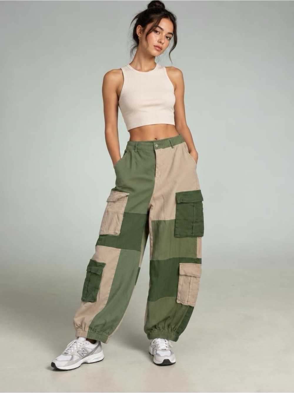Hot & Delicious Olive & Beige Patchwork Cargo Pants